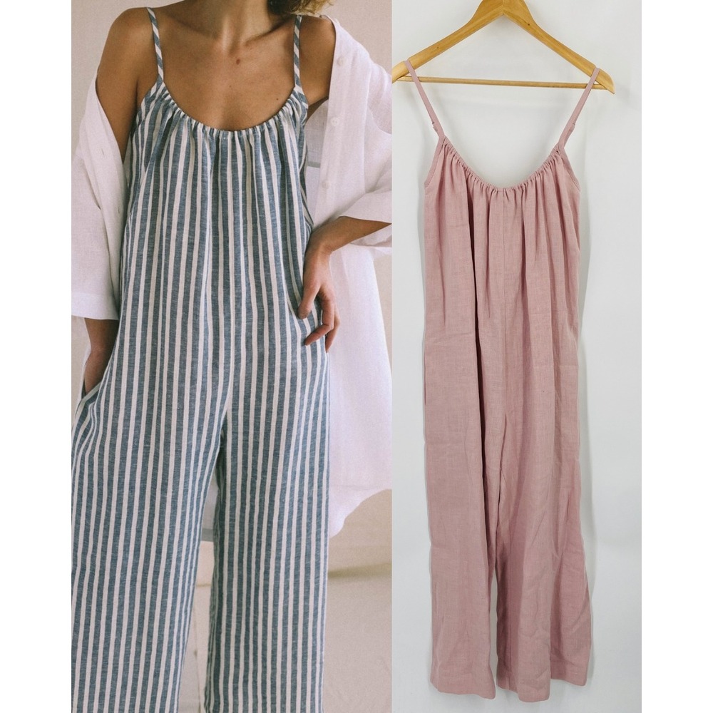 Man In The Studio Jumpsuit Women XS Pink Linen Wide Leg Spaghetti Strap